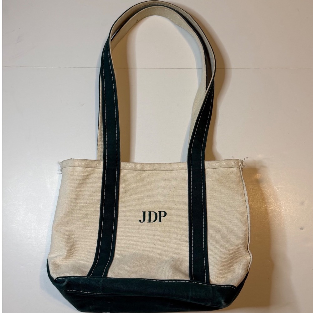 VTG LL Bean Boat and Tote Small Canvas Hunter Green Monogram Tote Long Handles